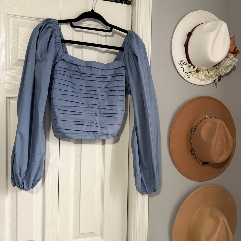 Abercrombie & Fitch Blue Puff Long Sleeve Ruched Bodice Top